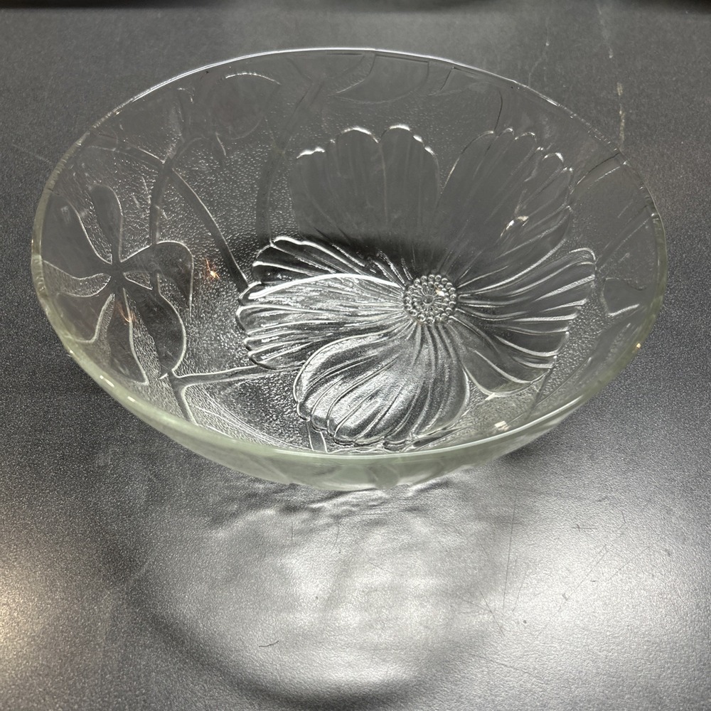 KIG Indonesia Pressed Clear Glass 10" Fruit Bowl Poppy Hibiscus Flower Design